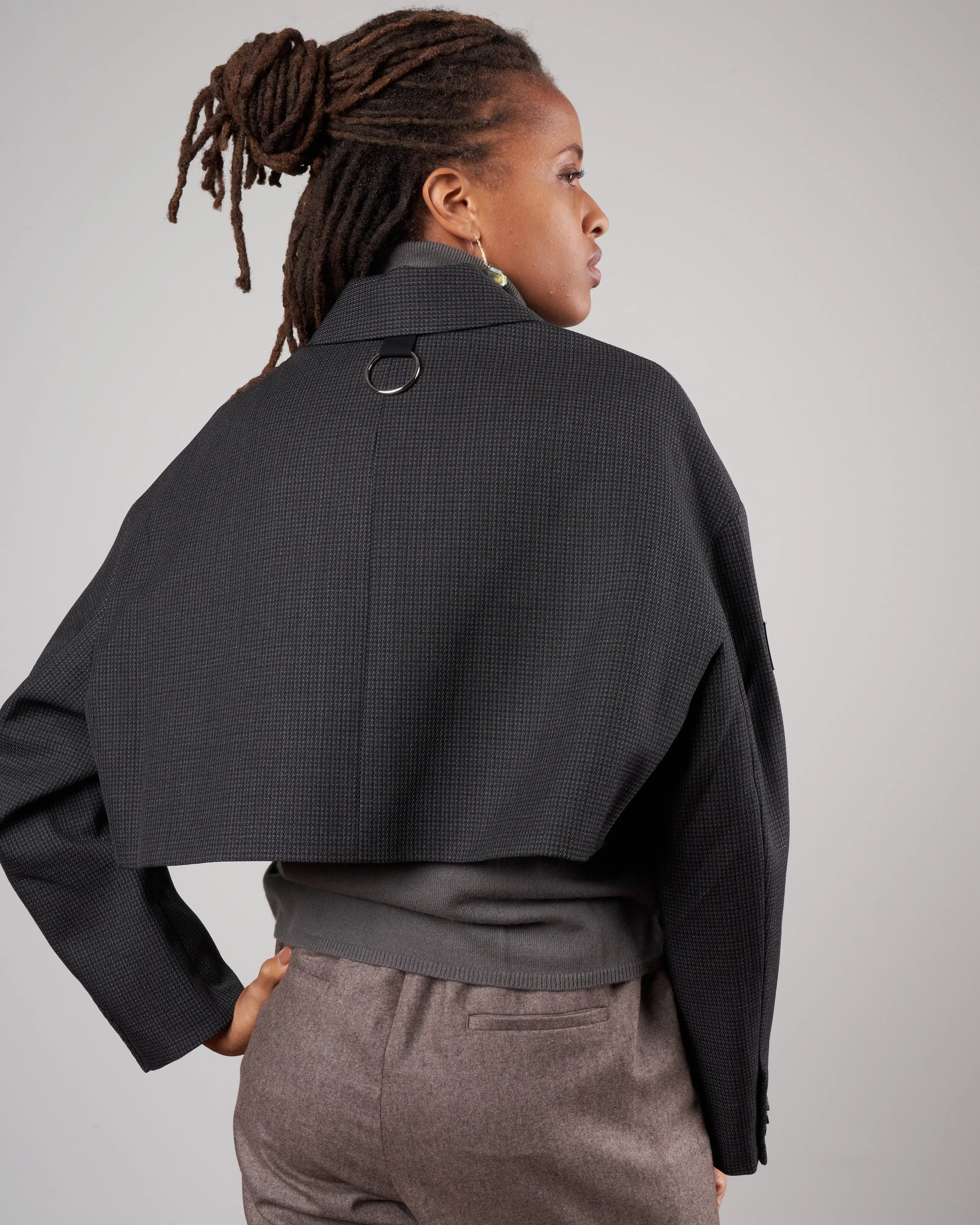 arthur check oversized cropped jacket - grey multi