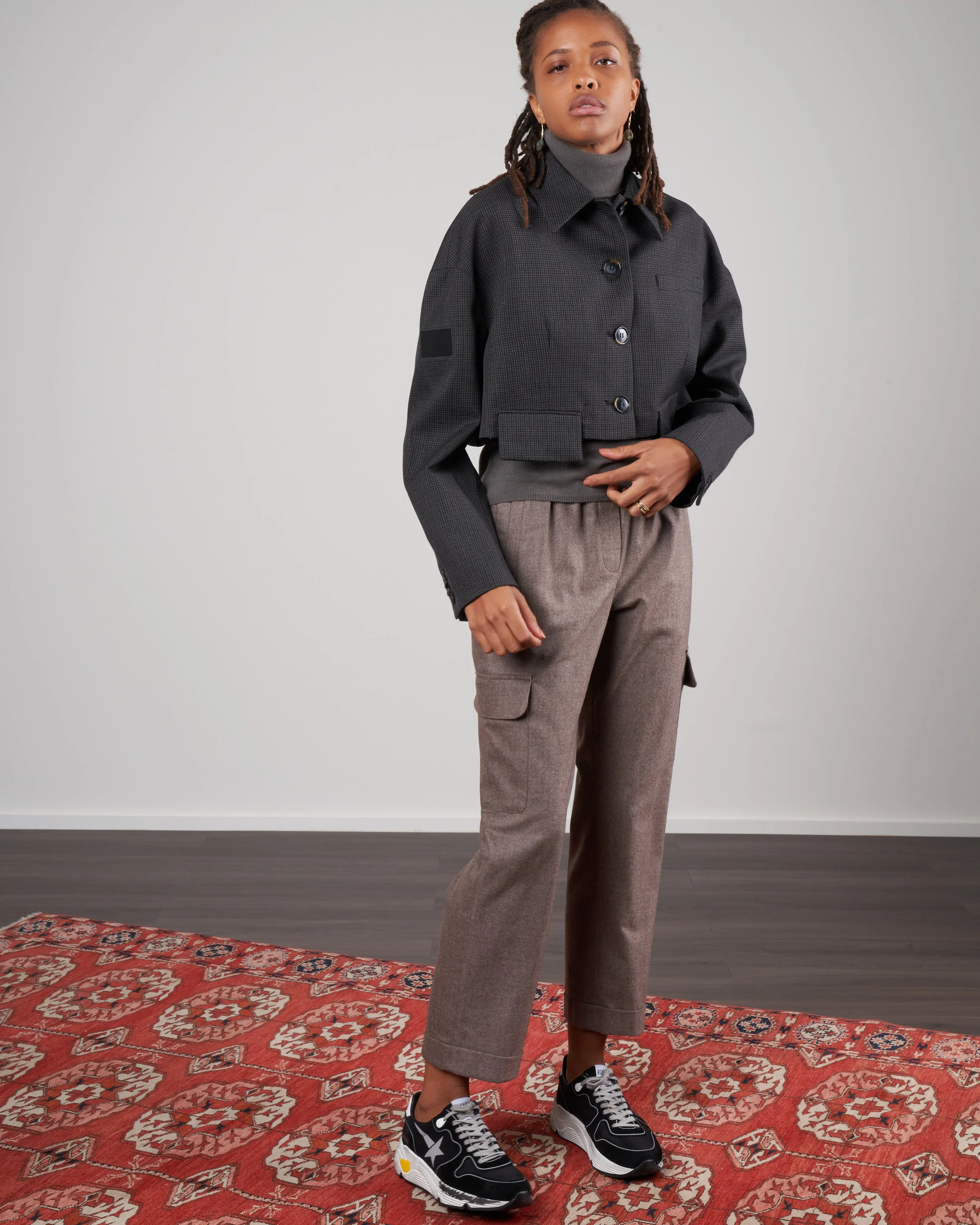 arthur check oversized cropped jacket - grey multi