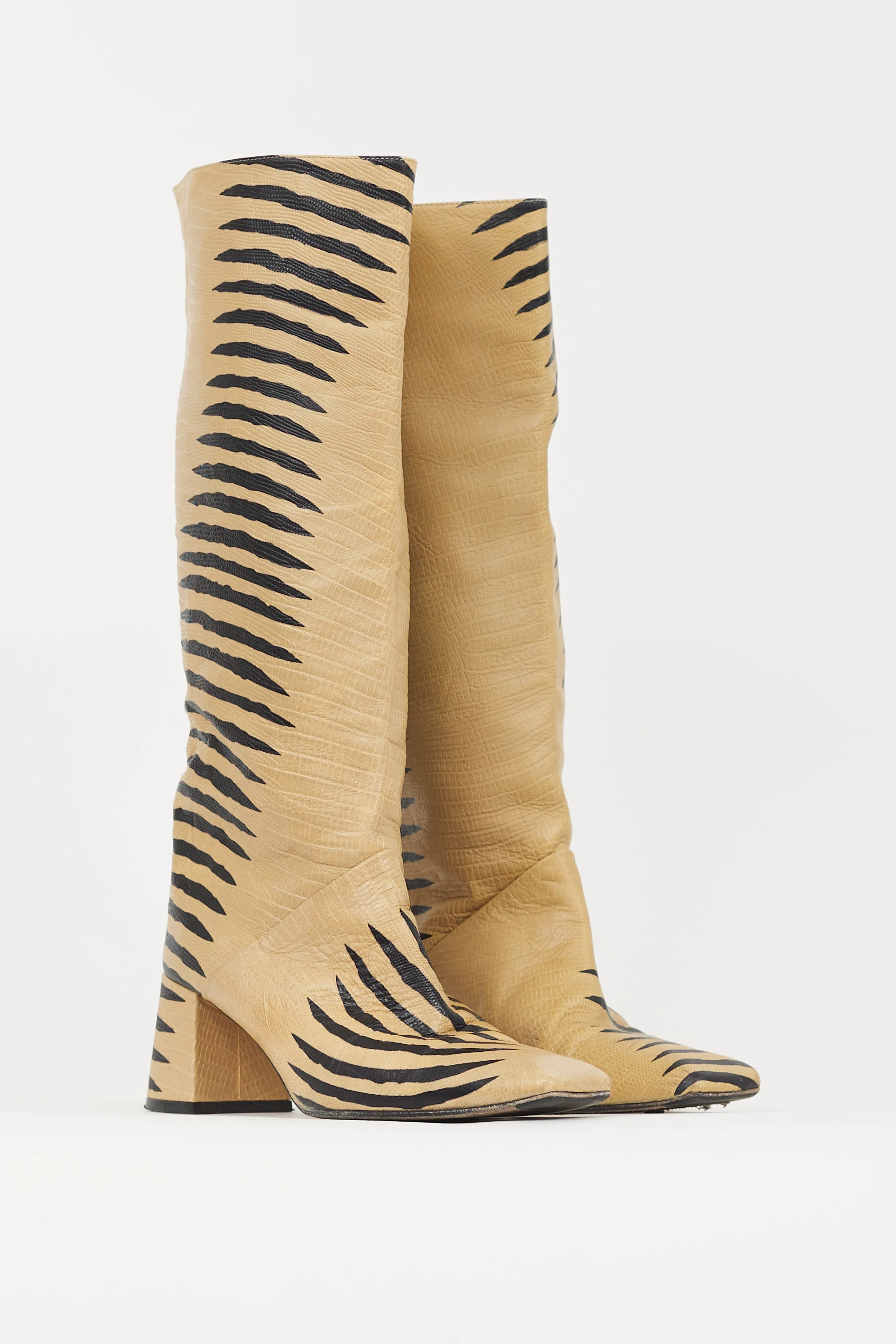 Beige & Black Embossed Leather Boot