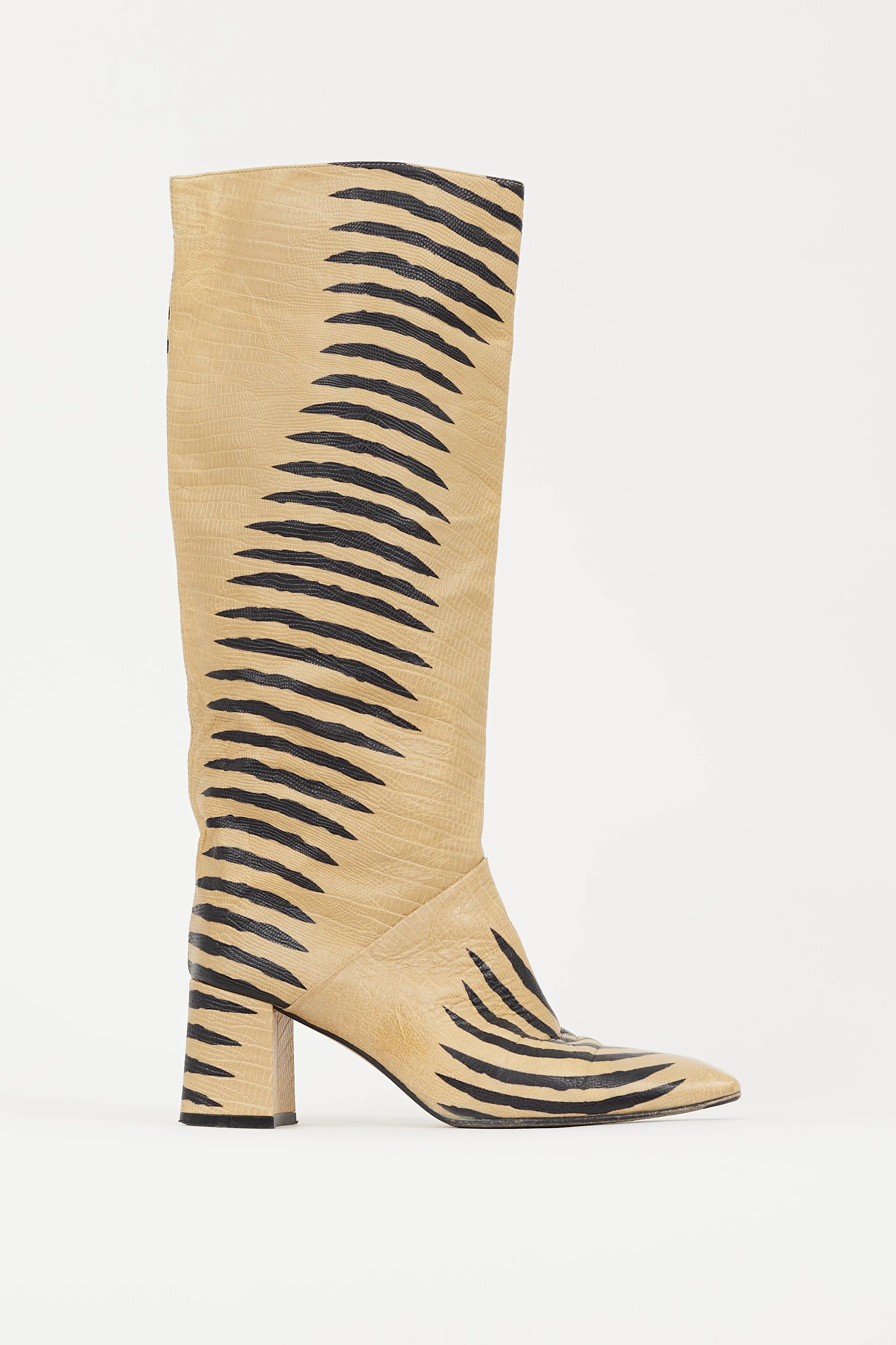 Beige & Black Embossed Leather Boot