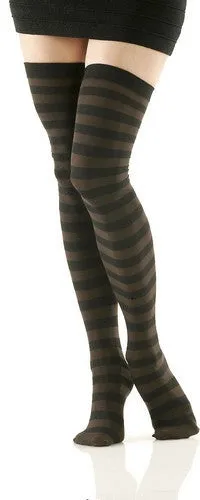 Black & Brown Striped Opaque Thigh High Stockings (Women's)