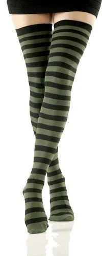 Black & Olive Striped Opaque Thigh High Stockings (Women's)