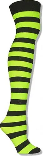 Black and Neon Green Wide Striped Thigh High Stockings (Women's)
