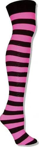Black and Neon Pink Wide Striped Thigh High Stockings (Women's)