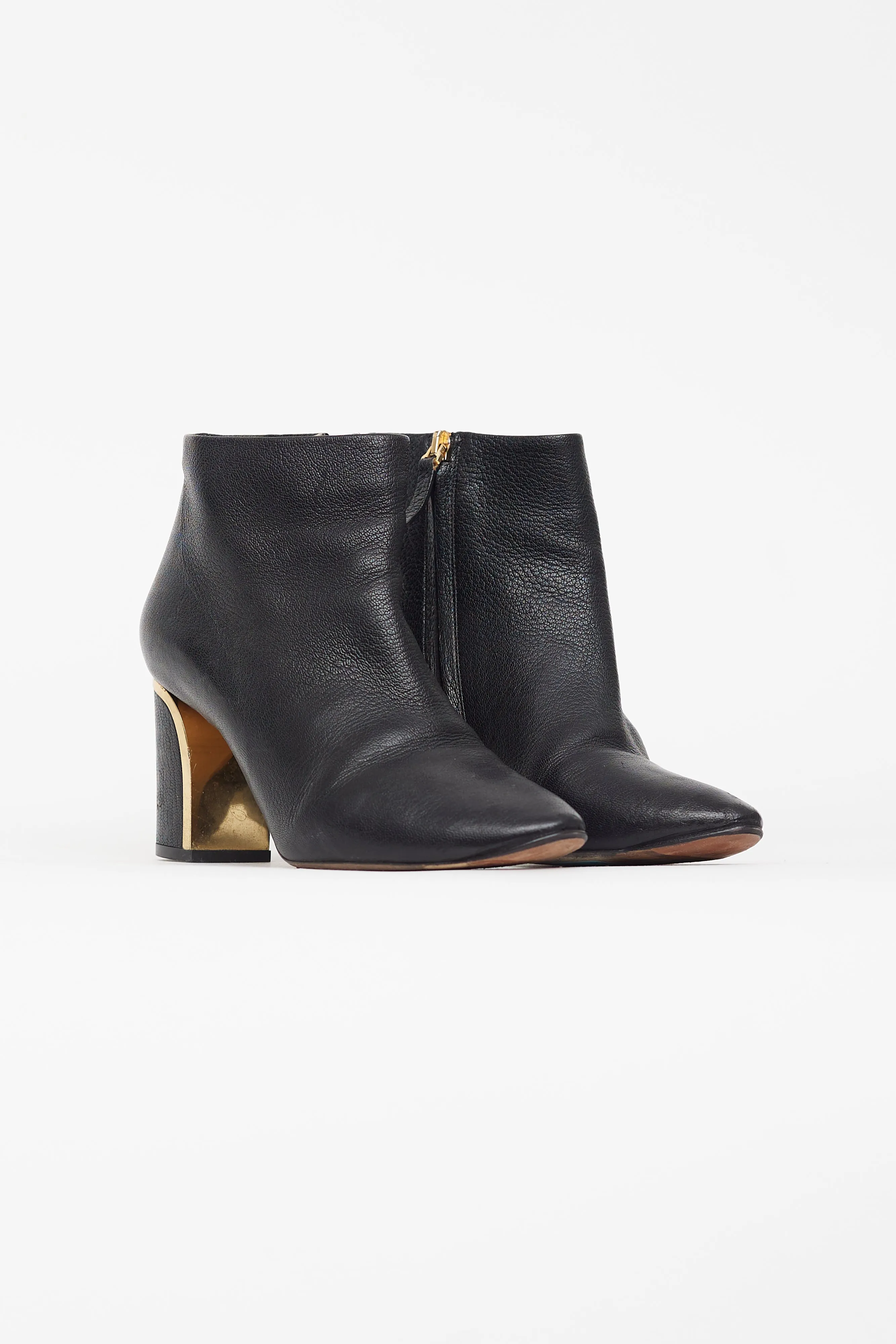 Black Leather & Gold Block Heel Boot