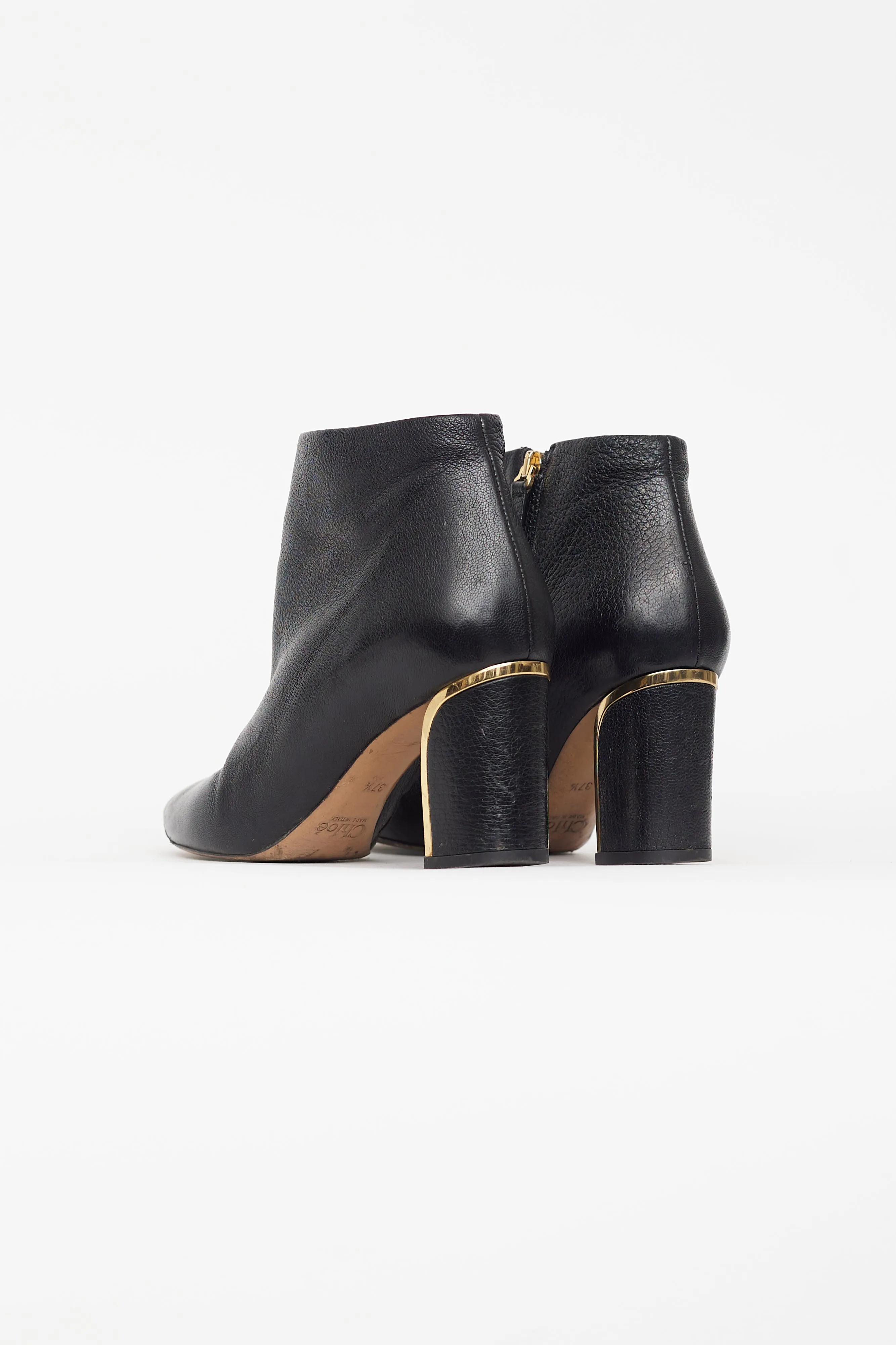 Black Leather & Gold Block Heel Boot