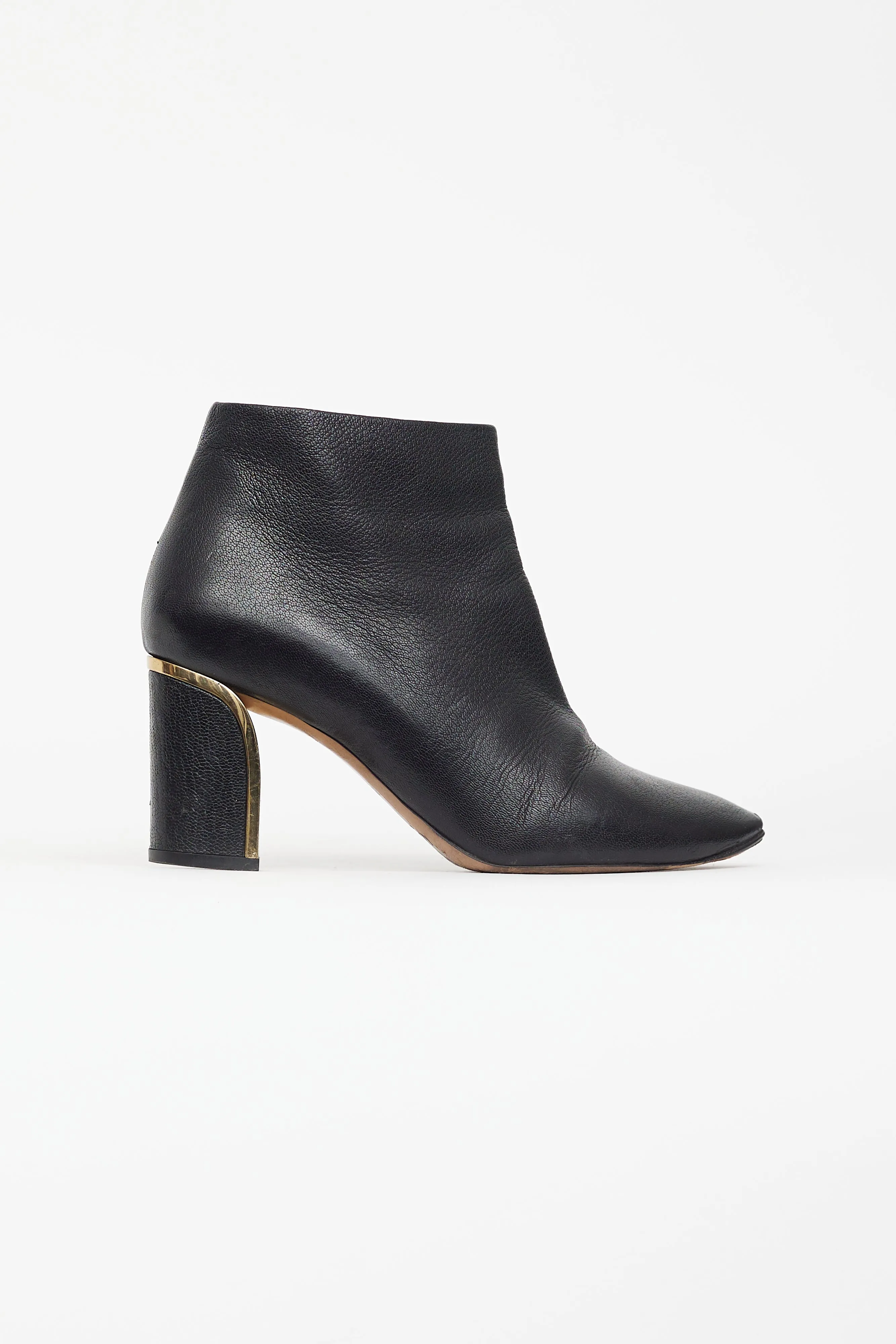Black Leather & Gold Block Heel Boot