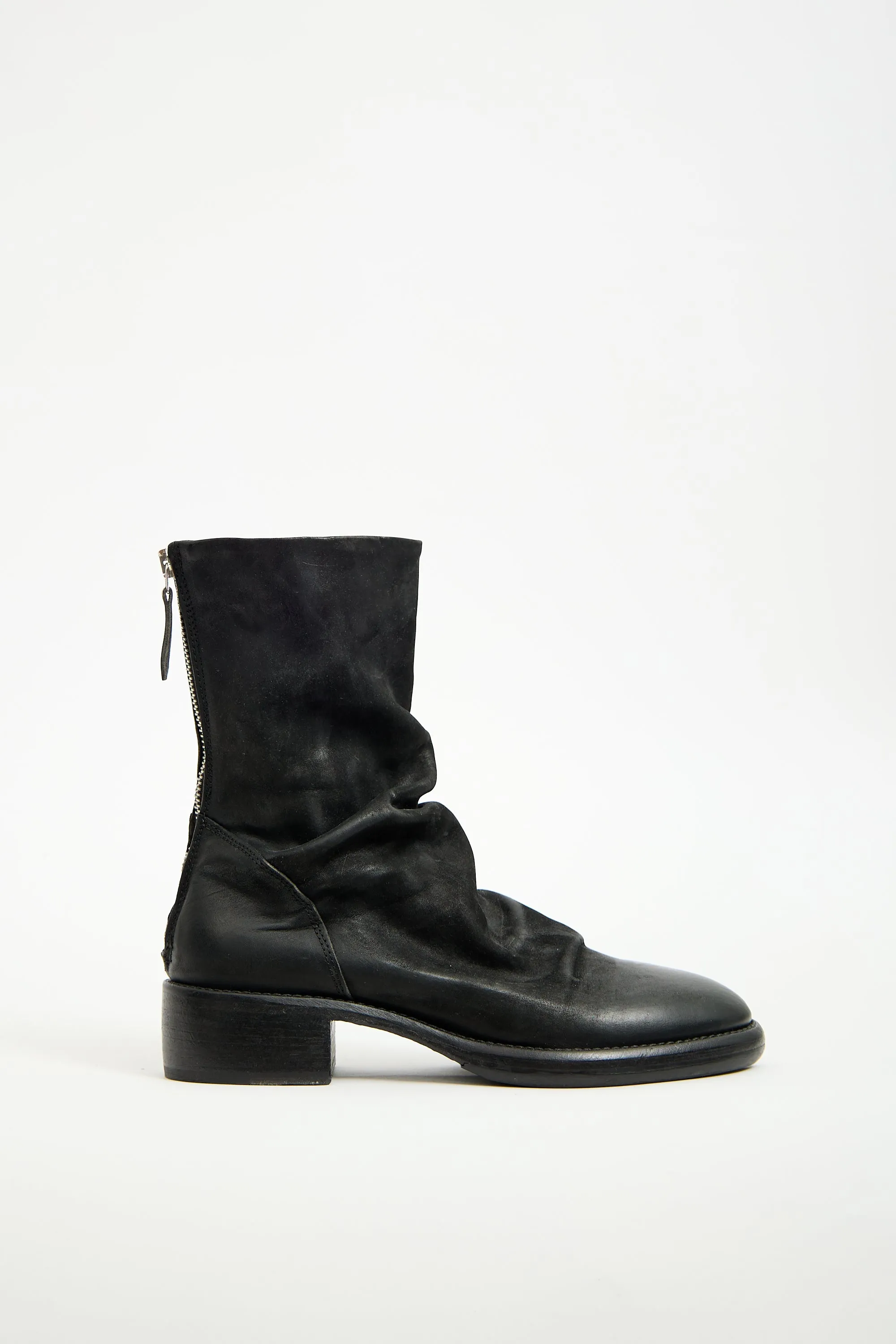 Black Leather Ruched Zip Boot