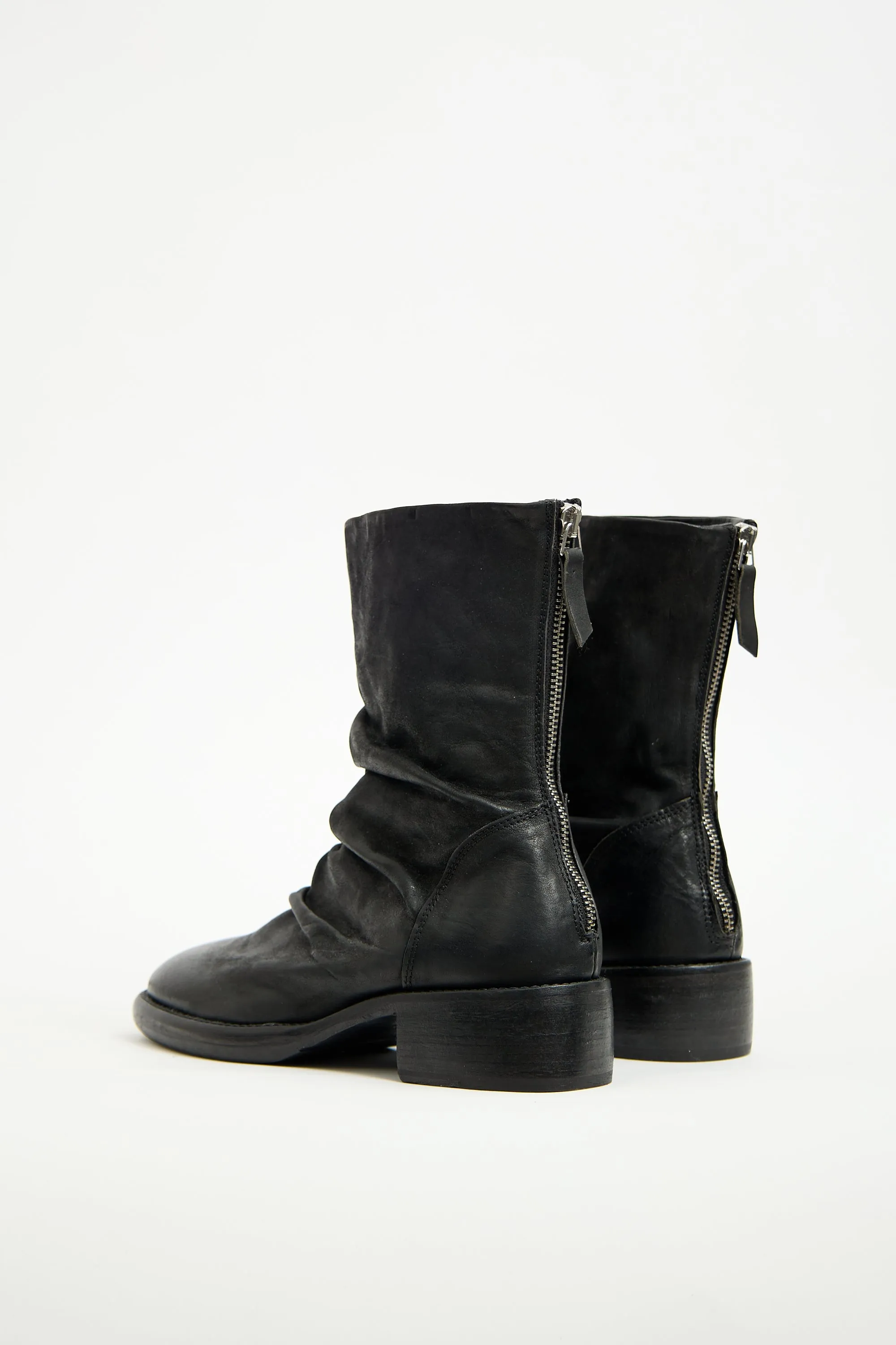 Black Leather Ruched Zip Boot