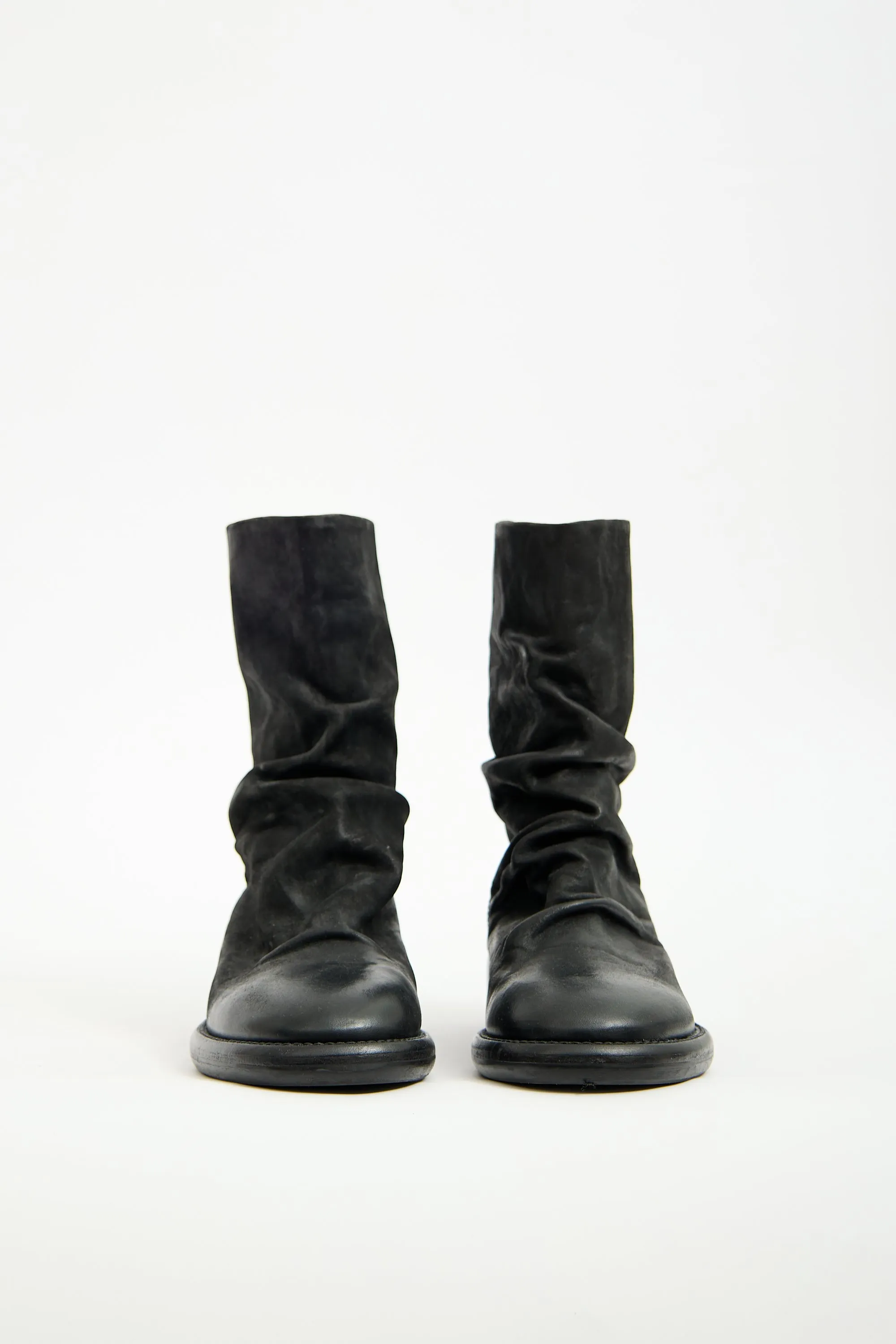 Black Leather Ruched Zip Boot