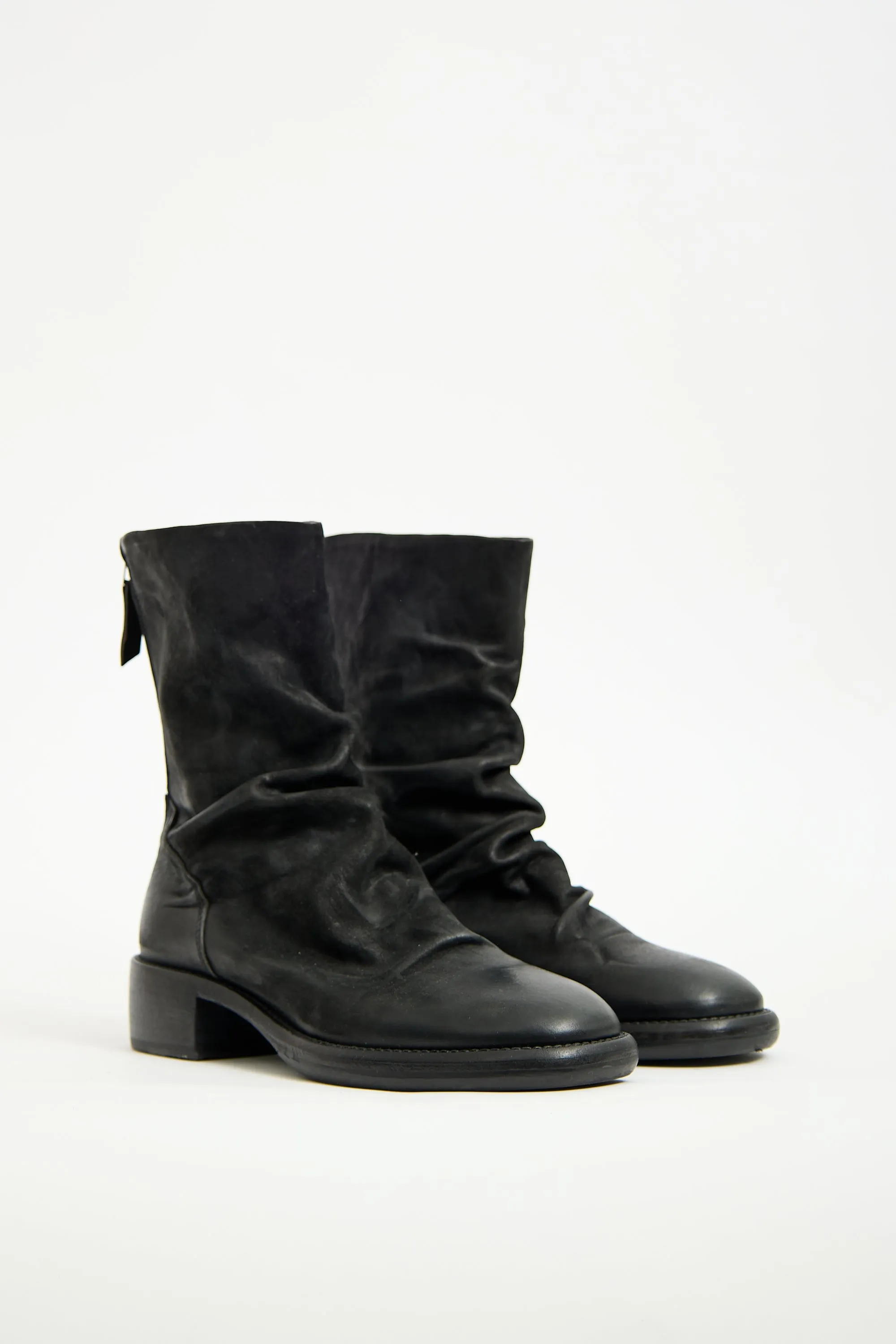 Black Leather Ruched Zip Boot