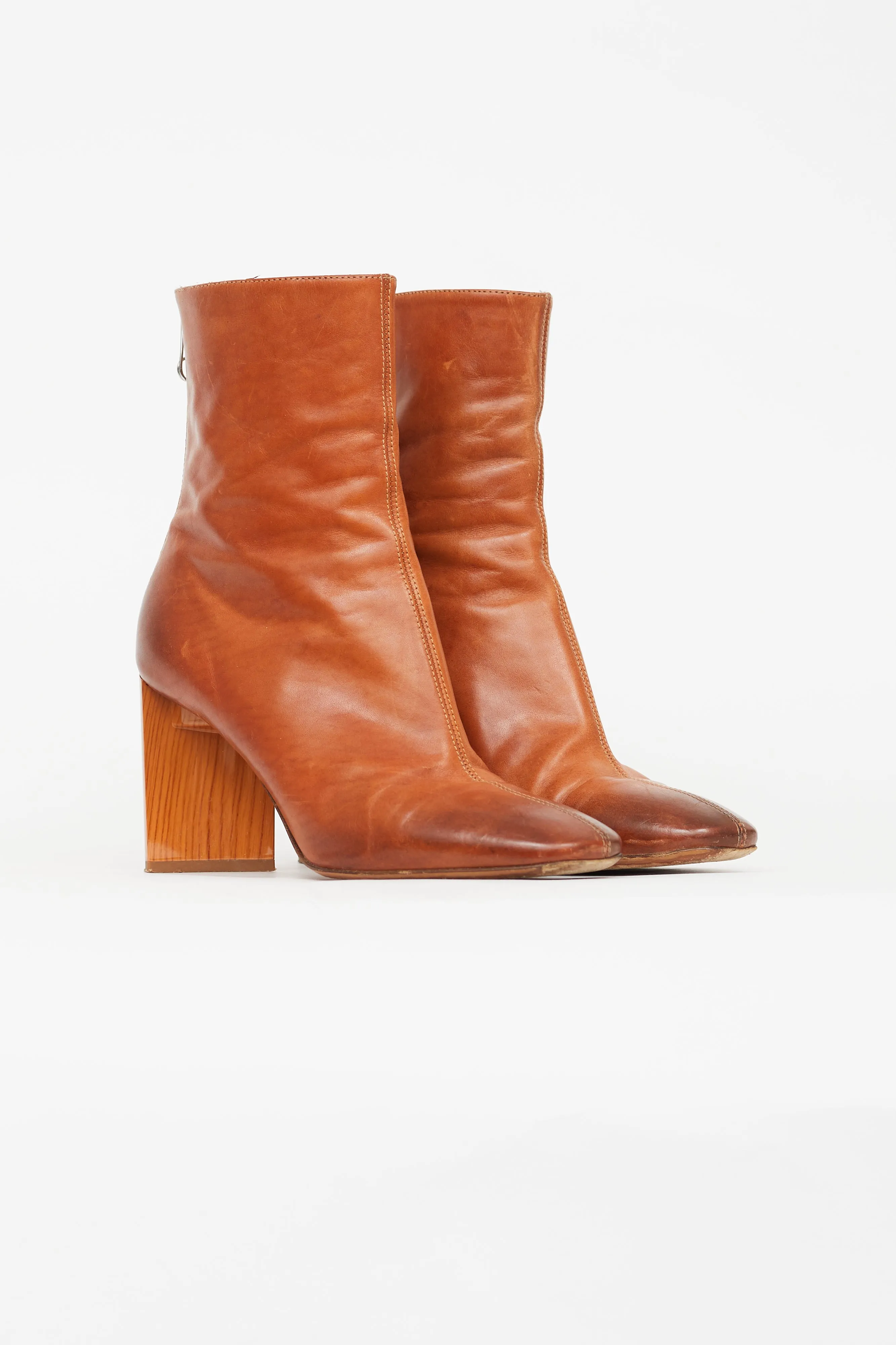 Brown Block Heel Leather Boot