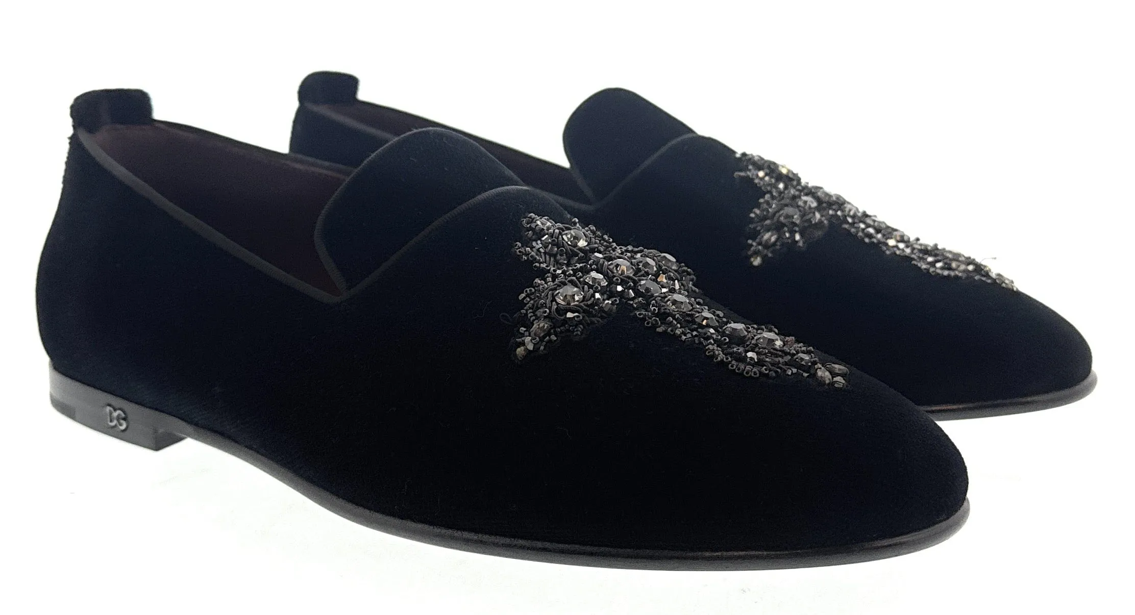 Dolce & Gabbana Men's Black Velvet Crystal Cross Loafers Slip-On  Shoes-EU39