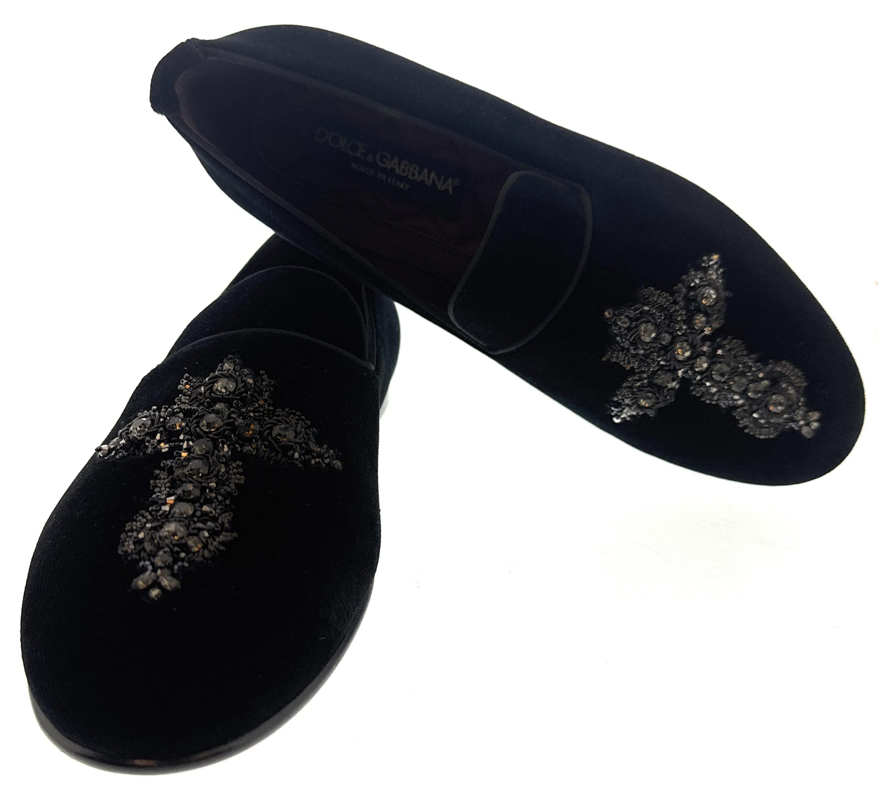 Dolce & Gabbana Men's Black Velvet Crystal Cross Loafers Slip-On  Shoes-EU39