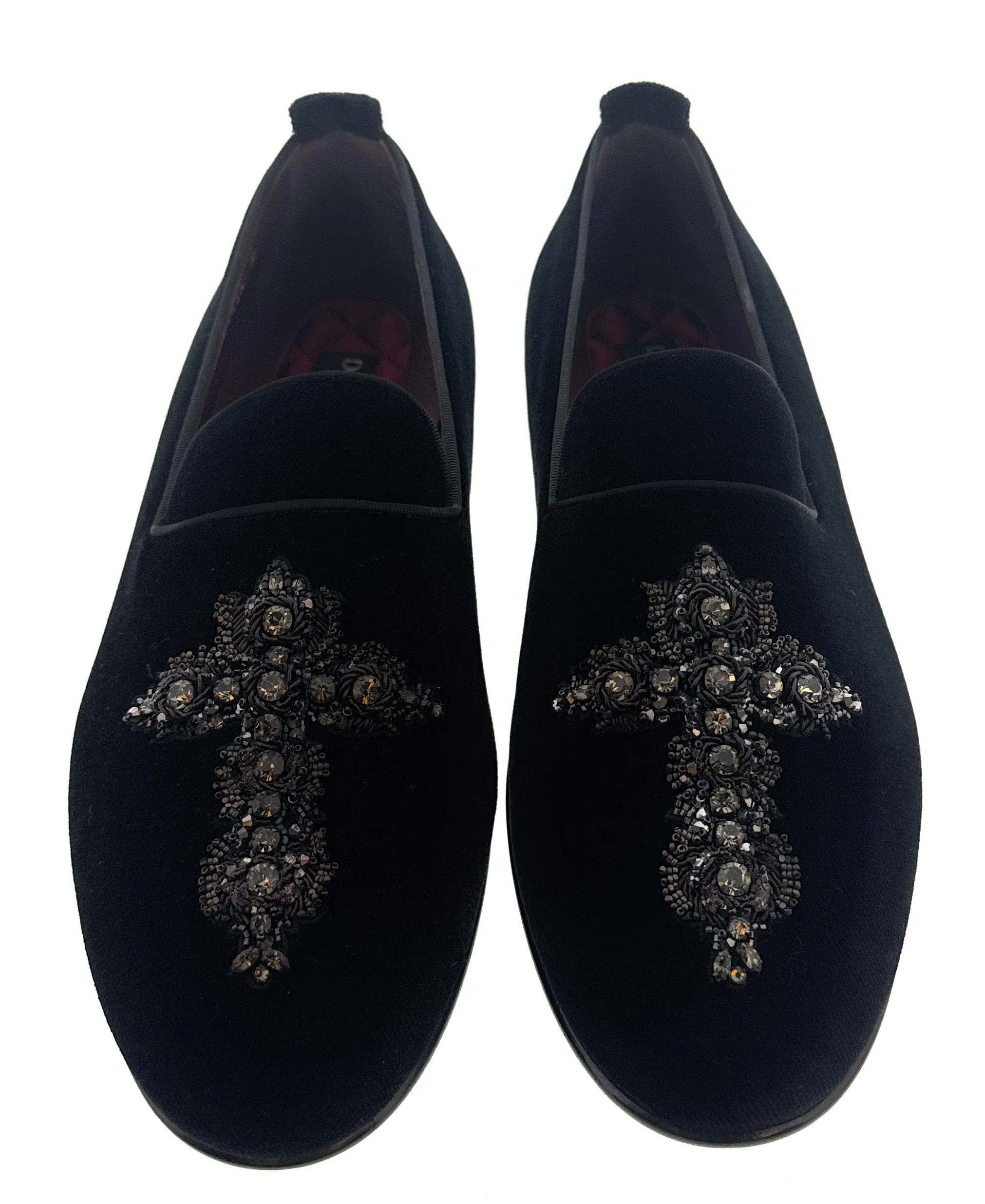 Dolce & Gabbana Men's Black Velvet Crystal Cross Loafers Slip-On  Shoes-EU39