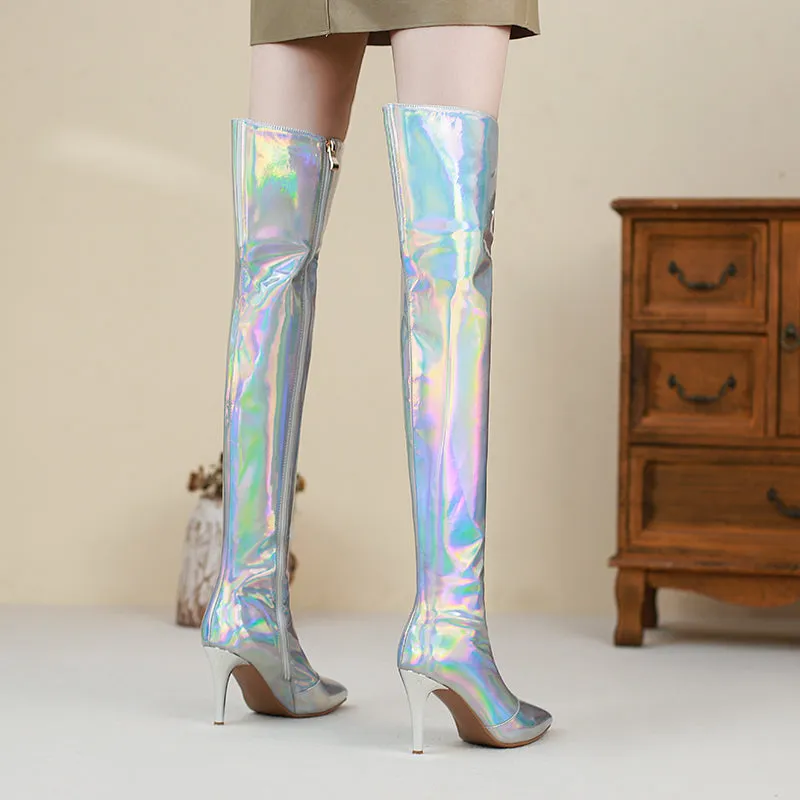 Etta Silver Holographic Thigh High Boots with Heels