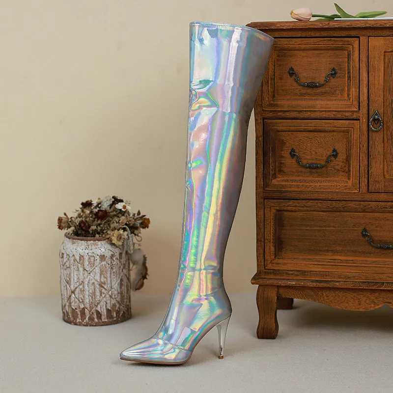 Etta Silver Holographic Thigh High Boots with Heels