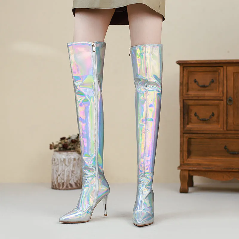 Etta Silver Holographic Thigh High Boots with Heels
