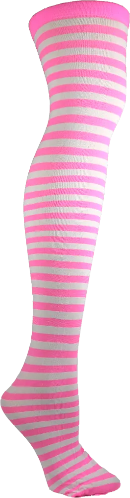 Neon Pink & White Striped Thigh High Stockings (Women's)