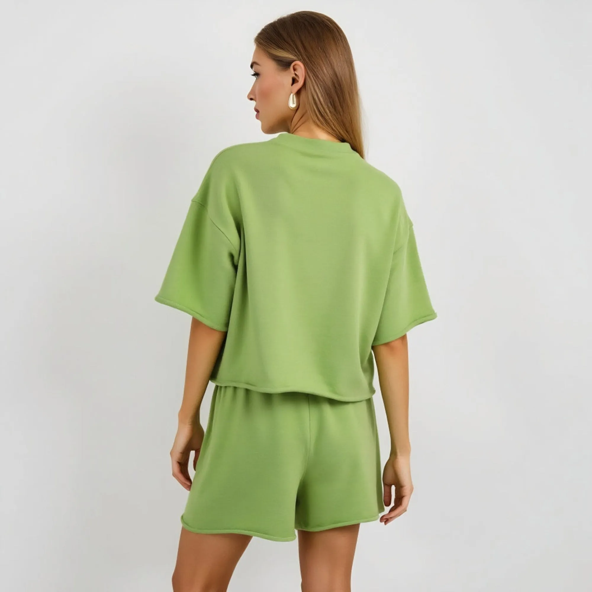 Relaxed Fit Drop Shoulder Lounge Set with Oversized Tee Drawstring Shorts
