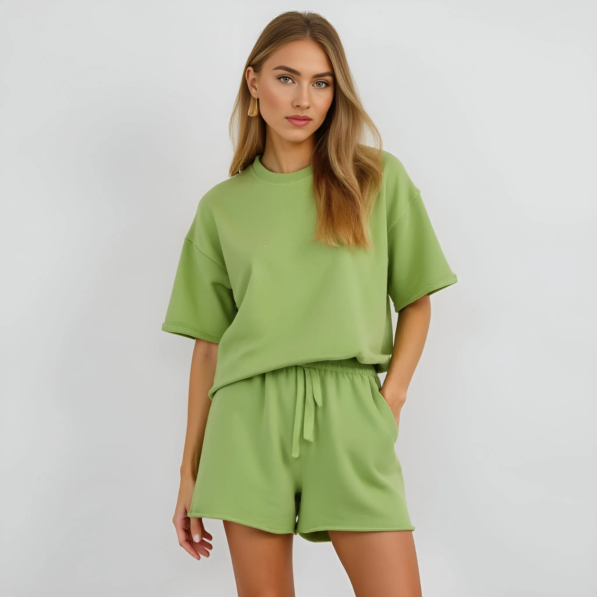 Relaxed Fit Drop Shoulder Lounge Set with Oversized Tee Drawstring Shorts