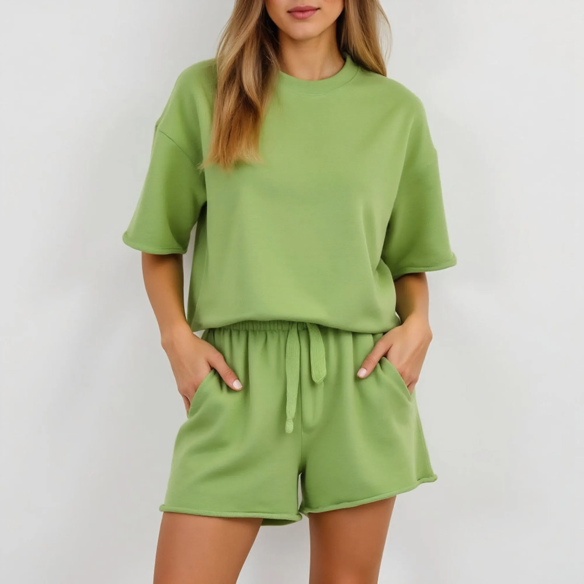 Relaxed Fit Drop Shoulder Lounge Set with Oversized Tee Drawstring Shorts