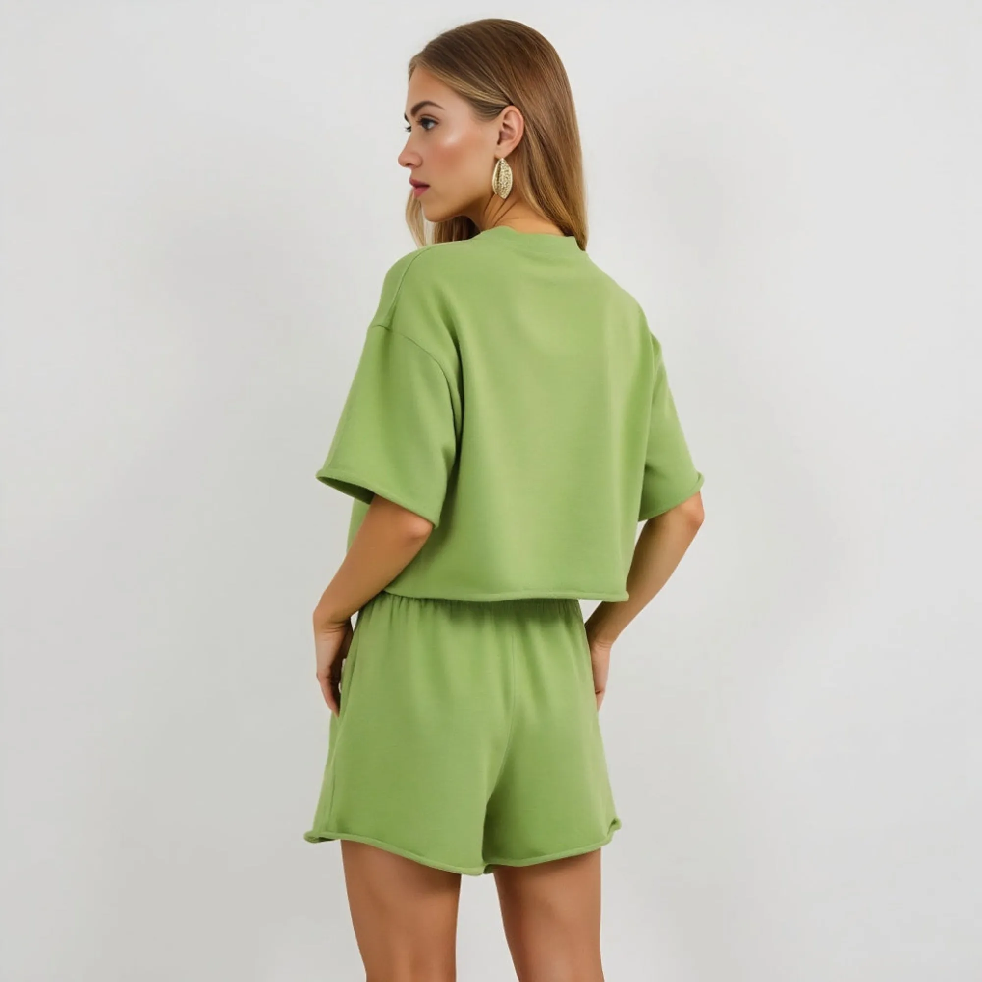 Relaxed Fit Drop Shoulder Lounge Set with Oversized Tee Drawstring Shorts