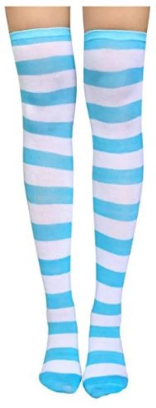 SF128 Light Blue & White Wide Stripe Thigh High Socks
