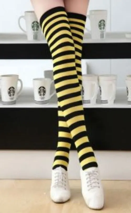 SF145 Gold & Black Slim Stripe Thigh High Socks